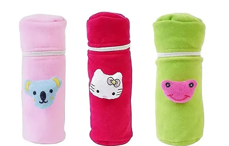 Da Anushi Soft Plush Stretchable Baby Feeding Bottle Cover with Attractive Cartoon Design & Easy to Hold Strap for Newborn Babies-Pack of 3 | Suitable for 130-250 ML