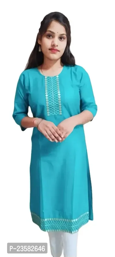 Women Sleeve Plain Kurti (BLUE)-thumb0