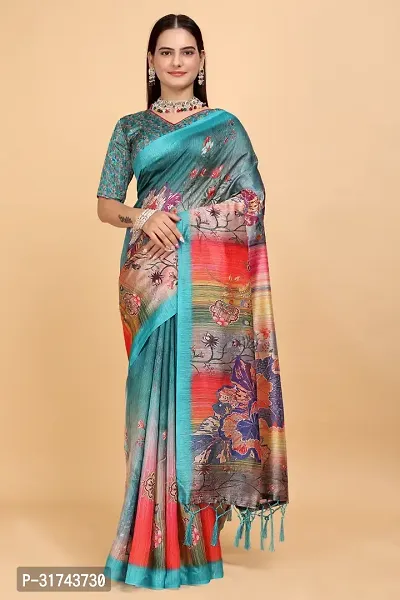 Stylish Multicoloured Silk Blend Saree With Blouse Piece For Women-thumb0