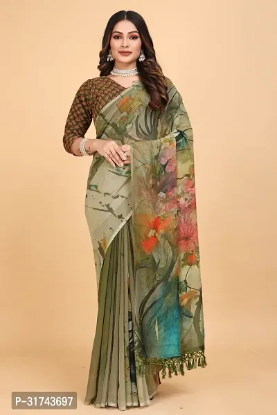 Stylish Olive Georgette Saree With Blouse Piece For Women-thumb0