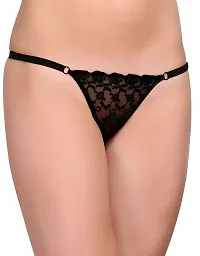 Women's Thinnest Fabric Lace Adjustable Waist Band Black Thong Panty Set (Combo of 3)-thumb1