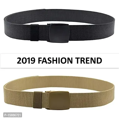 ESSTAIN Men's Nylon woven fabric Belt, Hole free plastic flap buckle(Pack of 2) (Black  Gold)-thumb2