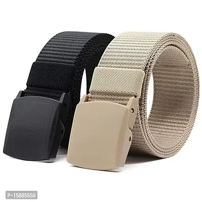 ESSTAIN Men's Nylon woven fabric Belt, Hole free plastic flap buckle(Pack of 2) (Black  Cream)