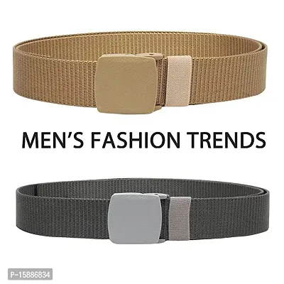 ESSTAIN Men's Nylon woven fabric Belt, Hole free plastic flap buckle(Pack of 2) (Gold  Gray)-thumb2