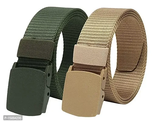 ESSTAIN Men's Nylon woven fabric Belt, Hole free plastic flap buckle(Pack of 2) (Green  Gold)