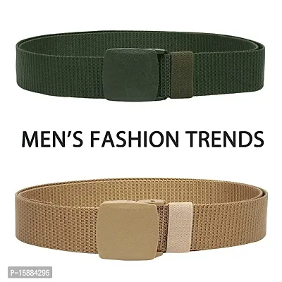 ESSTAIN Men's Nylon woven fabric Belt, Hole free plastic flap buckle(Pack of 2) (Green  Gold)-thumb2