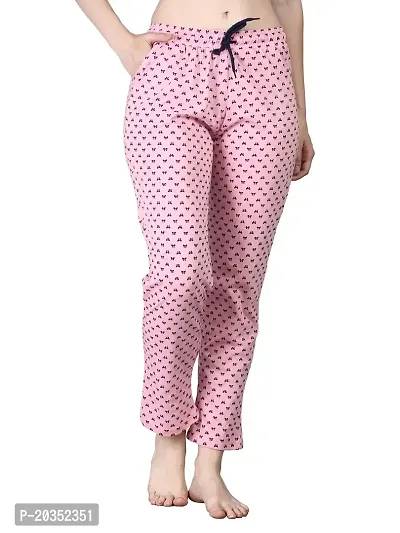 Kisva Women's Cotton Bow Printed Pink Pyjama for Nightwear Wear/Night Pants-thumb2