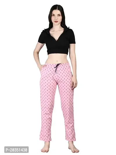 Kisva Women's Pink Cotton Printed Pyjama for Nightwear/Night Pants-thumb0