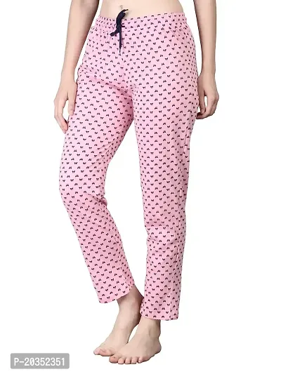 Kisva Women's Cotton Bow Printed Pink Pyjama for Nightwear Wear/Night Pants-thumb3