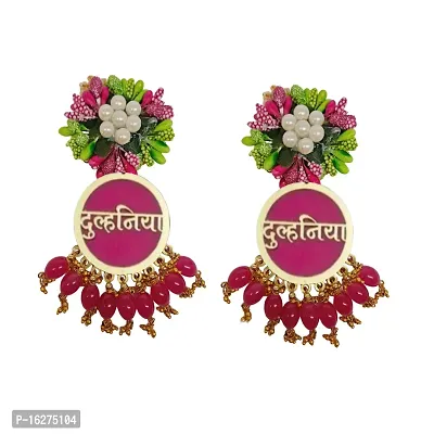 Green and pink handmade floral earrings with pink dulhaniya earrings with pink oval glass beads and golden hanging loreal pearls-thumb0