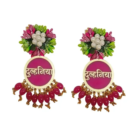 Green and pink handmade floral earrings with pink dulhaniya earrings with pink oval glass beads and golden hanging loreal pearls
