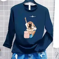 Elegant Cotton Blend Blue Printed Full Sleeves T-shirt For Women-thumb1