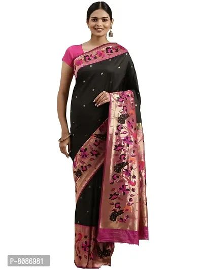 Pandadi Saree Women's Paithani Paithani Silk Saree with Blouse Piece (287PS10_Black)