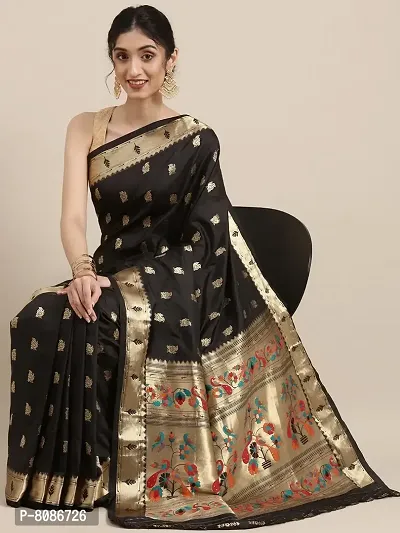 Pandadi Saree Women's Paithani Paithani Silk Saree With Blouse Piece (380PS5_Black)-thumb2