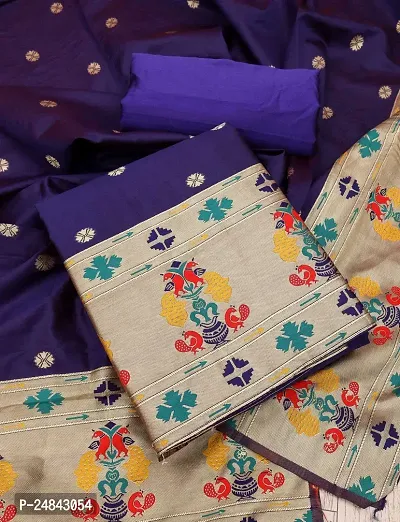 Navy Blue Taffeta Silk Dress Material Set with Paithani Pattern