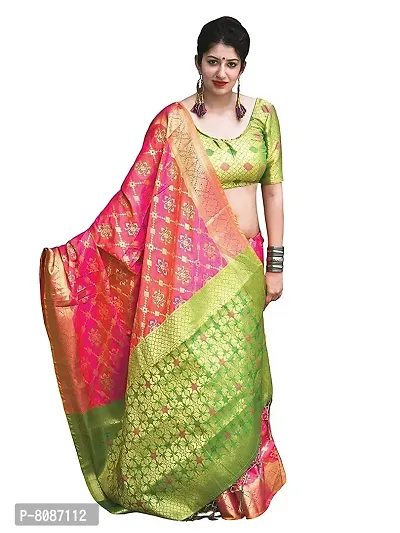 Pandadi Saree Women's Kanchipuram Banarasi Patola Silk Saree With Blouse Piece (@2013PS4_Green, Pink)