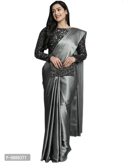 Pandadi Saree Women's Satin Silk Plain Saree With Unstitched Sequence Blouse Piece (Grey)