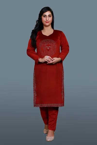 Beautiful Velvet Maroon Embroidered Kurta Pant Set For Women