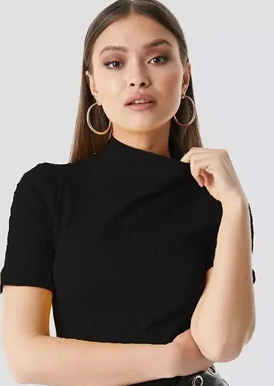 FITRAAX RK MART High Neck Casual Tops Short Sleeve Ribbed Streachable Women Turtle Neck Tops for Women