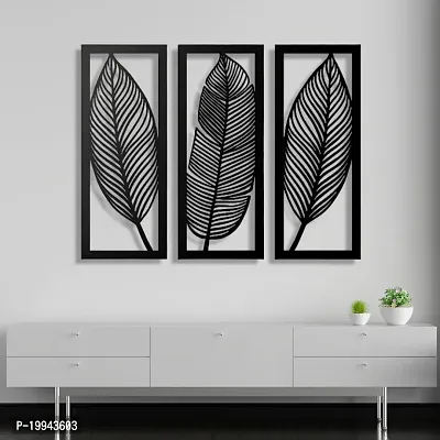 7 Decore Wooden 3 Pieces Leaf Wall Art Panel Frame | Wall Hanging Decoration Items for Living Room, Bedroom, Drawing Room, Dining Room, Stairs, and Office. (Black)
