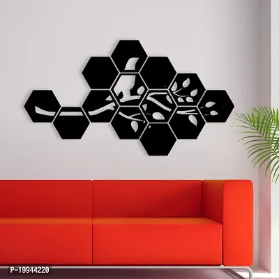 7Decore; Wooden Unique Hexagonal Tree Branch With Bird Wall Art Panel Frame | Wall Hanging Decoration Items for Living Room, Bedroom, Drawing Room, Dining Room, Stairs, and Office. (Black)
