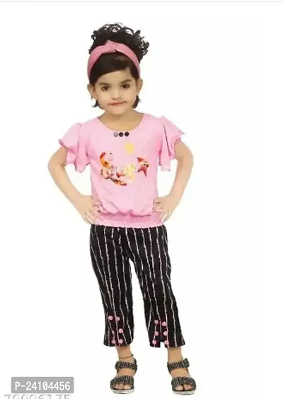 Elegant Pink Cotton Blend Printed Top with Bottom Set For Girls-thumb0