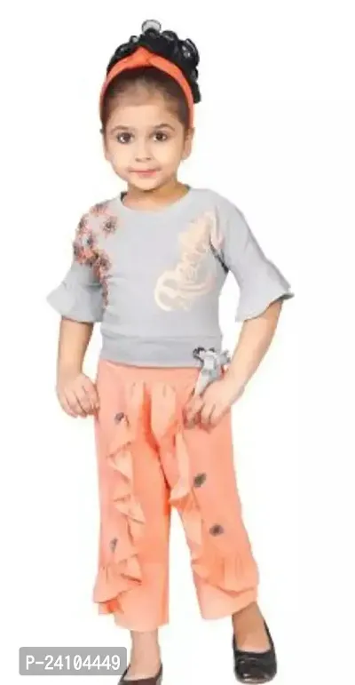 Elegant Grey Cotton Blend Printed Top with Bottom Set For Girls-thumb0