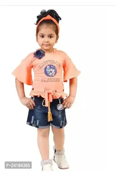 Elegant Peach Cotton Blend Printed Top with Short Set For Girls