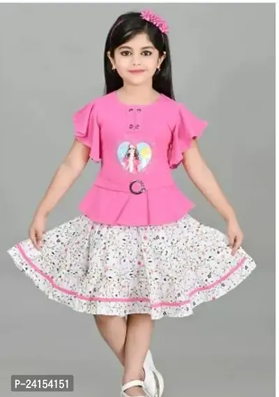 Elegant Cotton Blend Self Pattern Top with Skirt Set For Girls