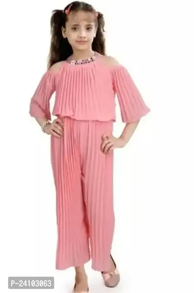 Elegant Pink Cotton Blend Self Pattern Jumpsuits For Girls-thumb0