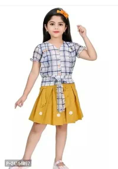 Elegant Cotton Blend Checked Top with Skirt Set For Girls-thumb0