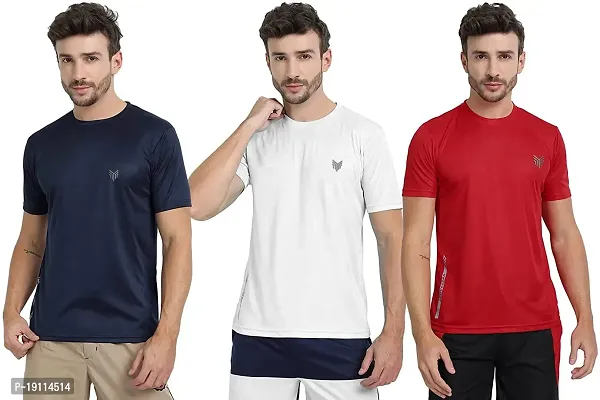 Solid Men Round Neck Multicolor T-Shirt Pack of 3 for Man and Woman (Large, Dark Blue  White  RED)