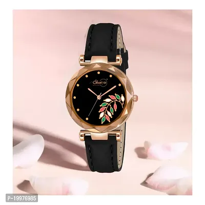 Shunya Black Leather Strap Premium Collection Stylish Design Analog Wrist Watch For Girls  Women