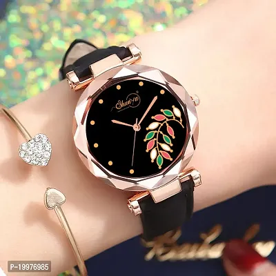 Shunya Black Leather Strap Premium Collection Stylish Design Analog Wrist Watch For Girls  Women-thumb2