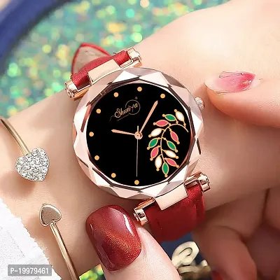 Shunya Red Leather Strap Stylish Design Analog Wrist Watch For Women  Girls-thumb0