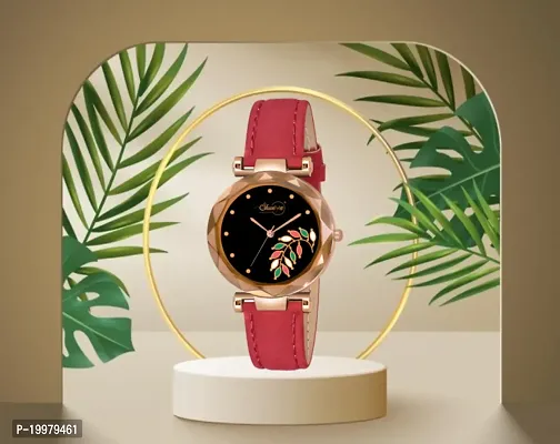 Shunya Red Leather Strap Stylish Design Analog Wrist Watch For Women  Girls-thumb3
