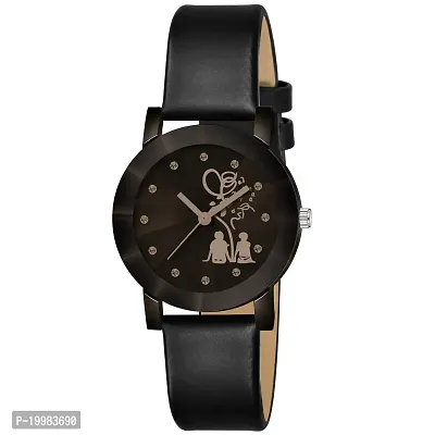 Shunya Black Crystal Glass Unique Dial Leather Strap Analog Wrist Watch For Women  Girls
