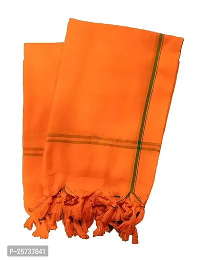 SwadeshiZon Orange Traditional Pooja Hand and Face Towels/AngVastram/Gamcha with Border - Pack of 2 (Free Size) (Orange)