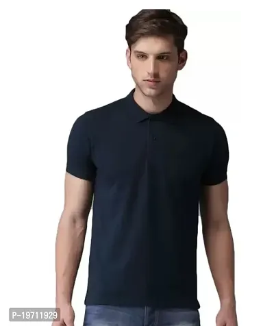 Stylish Navy Blue Cotton Blend Solid Polos For Men