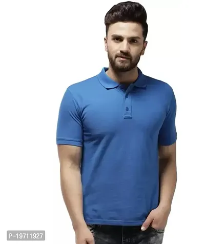 Stylish Blue Cotton Blend Solid Polos For Men