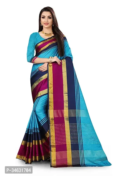 Stylish Polycotton Blue  Saree Without Blouse Piece without Blouse piece For Women-thumb0