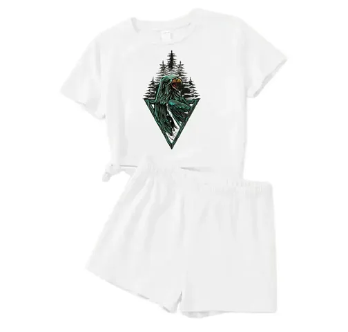 Stylish White Cotton Printed T-Shirts with Shorts For Kids