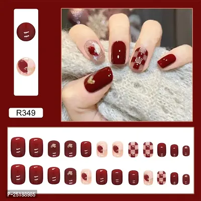 The Pink Truck Everlasting 24 Pc Designer Artificial Reusable Nails in Red Golden Color with Glue Stamp - Red Golden (Pack of 24)-thumb2