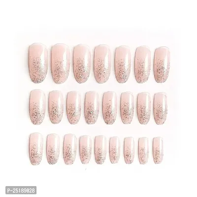 The Pink Truck Set of 24 Everlasting Artificial Reusable Nails in Baby Pink Color with Glitter (B02) Including Glue Stamp - Natural Pink, Silver (Pack of 24)-thumb2