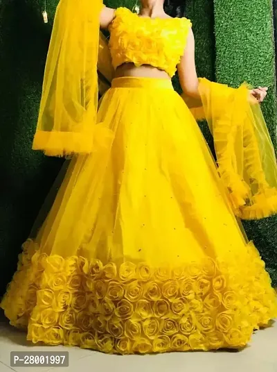 Stylish Yellow Net Embroidered Lehenga Choli Set For Women-thumb0