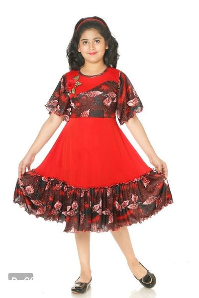 Red Attractive Floral Printed Girls Frock-thumb0
