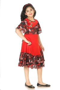 Red Attractive Floral Printed Girls Frock-thumb1