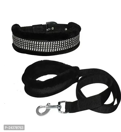 Fur Padded Nylon Dog collar Belt Dog Leash X-Large Neck Size 21 to 24 Inch Fit all Breed Adjustable Combo collar Leash pack 2 Black