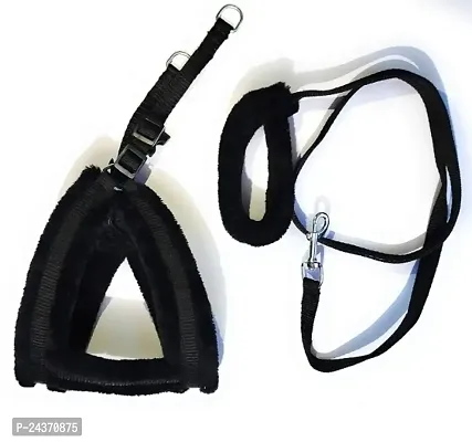 Fur Padded Nylon Dog Body Belt Dog Leash Medium (Neck Size - 16-25 inch) (Chest Size - 18-28 inch) Combo Harness Leash pack 2 Black