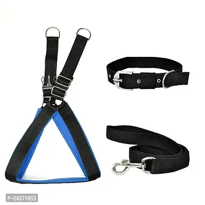 Padded Nylon Dog Body Belt Dog Belt Dog Leash XXX-Large (Neck Size - 32-41 inch) (Chest Size -37-53 inch) Combo Harness Collar Leash pack 3 Black